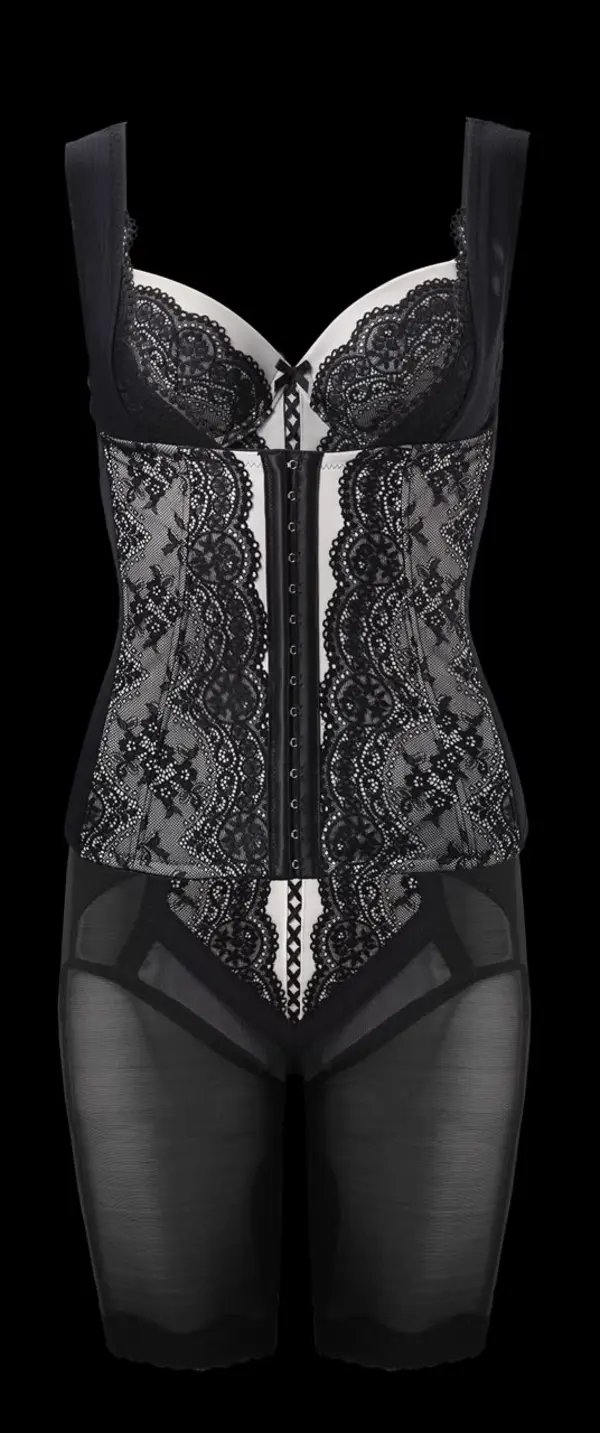 Set Charms hitam dengan renda Perancis: bra, body shaper, waist nipper dan long girdle